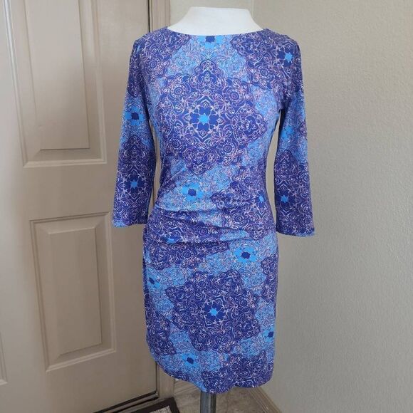 J.McLaughlin Side Ruched Sheath Dress 3/4 Sleeves Floral Size XS Purple altered - Picture 1 of 4